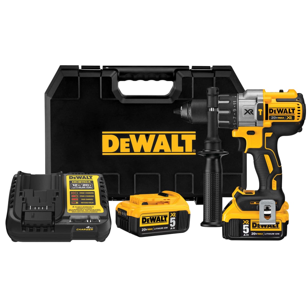 Taladro Percutor 1/2" 20V MAX Brushless XR con 3 Veloc. Incluye Cargador + 2 Baterias 5Ah + Caja de Plástico Dewalt
