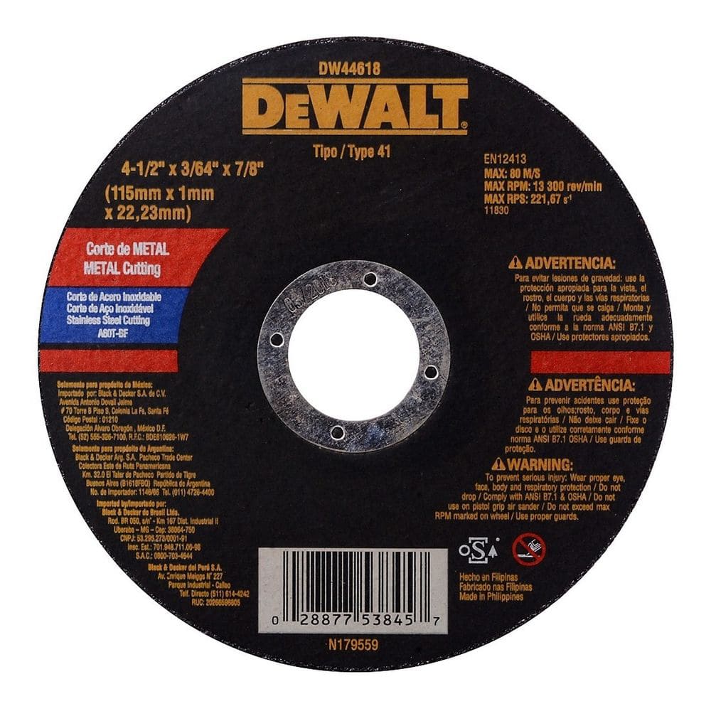 Disco Abrasivo Corte Inox 4-1/2" x 3/64" (1 mm) Dewalt