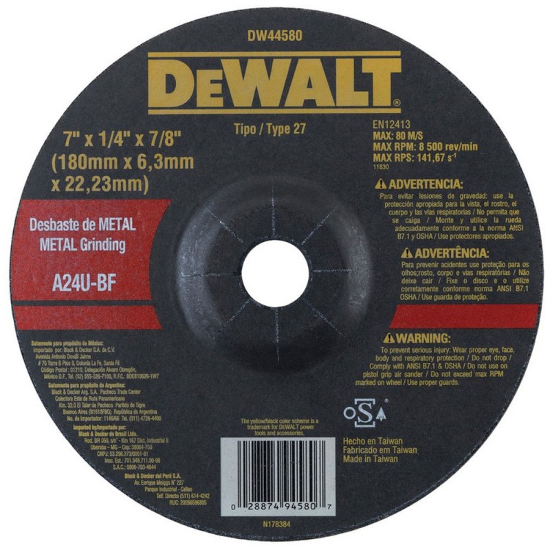 Disco Abrasivo Desbaste 7" (180 mm) x 1/4" (6 mm) Dewalt