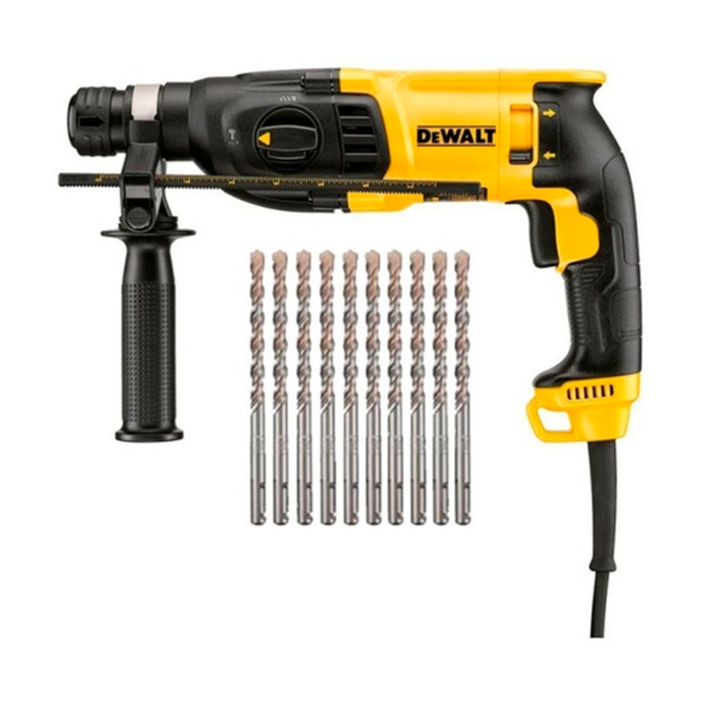 Kit Rotomartillo SDS Plus 800W 2.9 J + Caja Plastica + 10 Brocas SDS Plus 10x100x160 DW00709 Dewalt