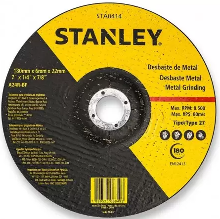 Disco Abrasivo Desbaste 7" x 1/4" x 7/8" Metal Grinding Stanley