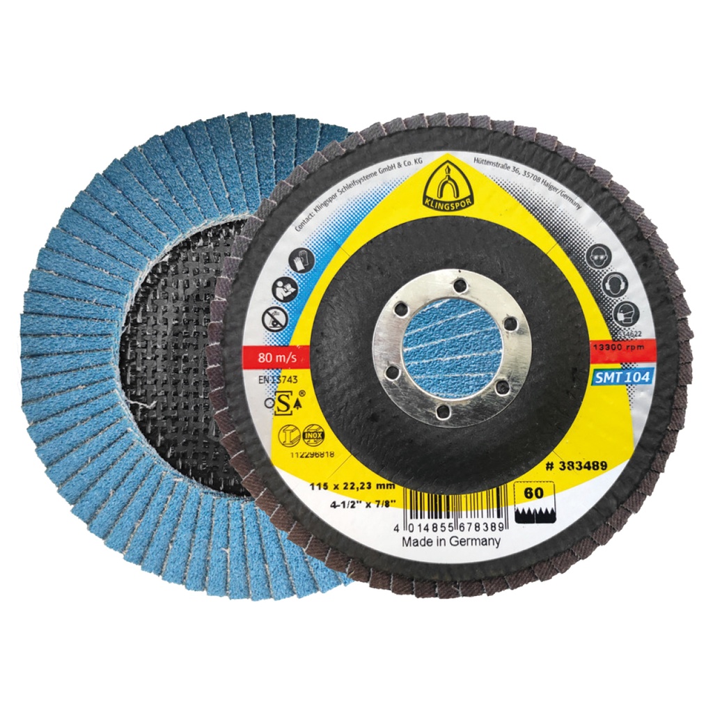 Discos Flap 4-1/2" G60 Concavo base Fibra Vidrio 6° Te/Smt104/Cs448X/60/S/Gew/115X2223 Klingspor (E)