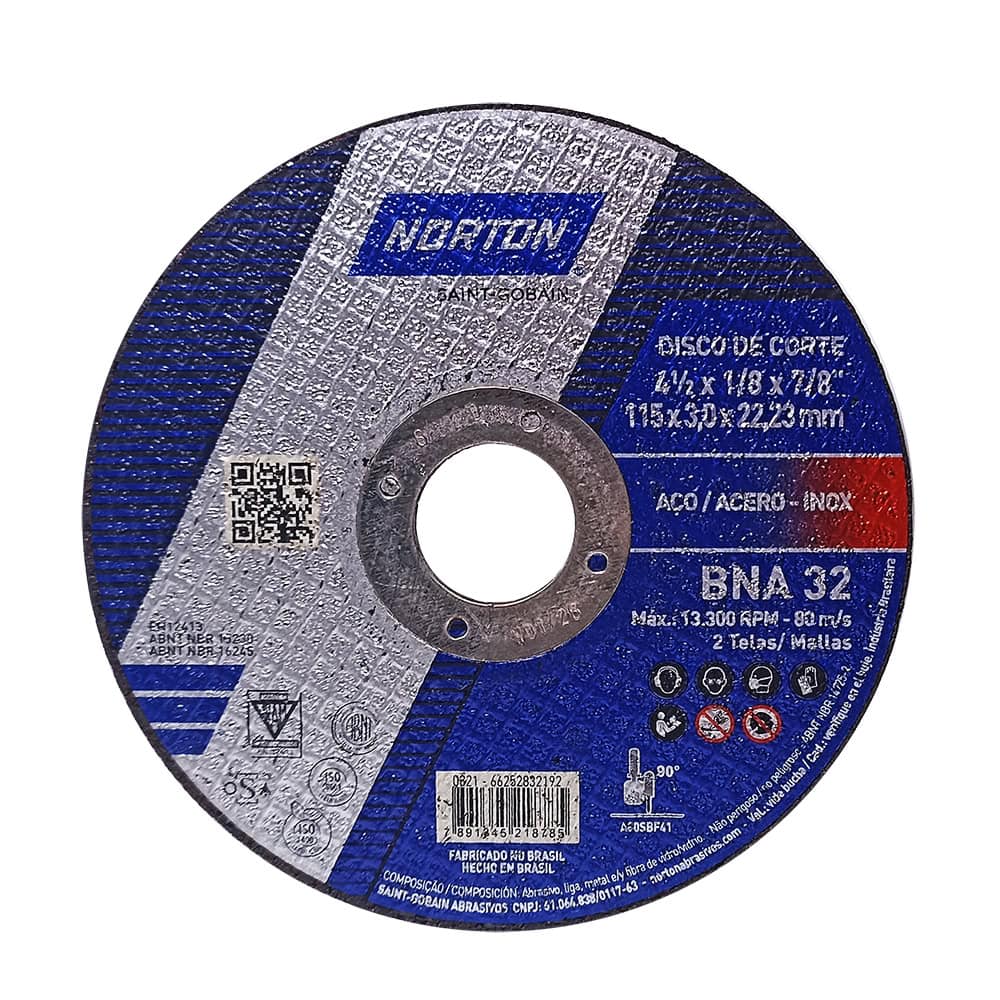 [66252832192] Disco Abrasivo Corte Metal 4-1/2" x 1/8" (3.2mm) x 7/8" BNA32 Norton