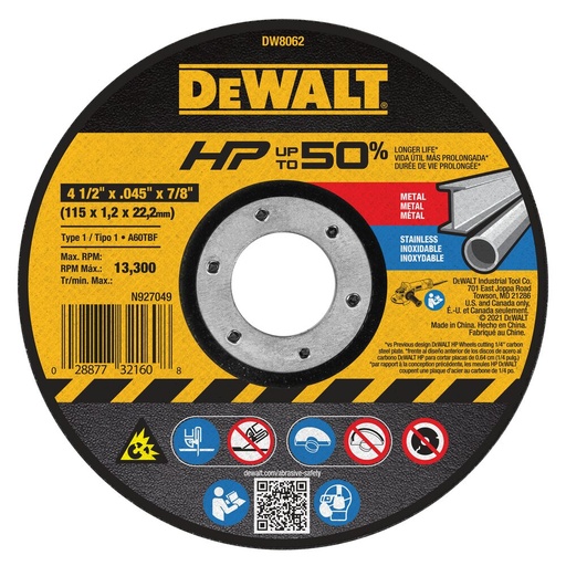 [DW8062] Disco Abrasivo Corte HP 4-1/2" x 1.2 mm Dewalt