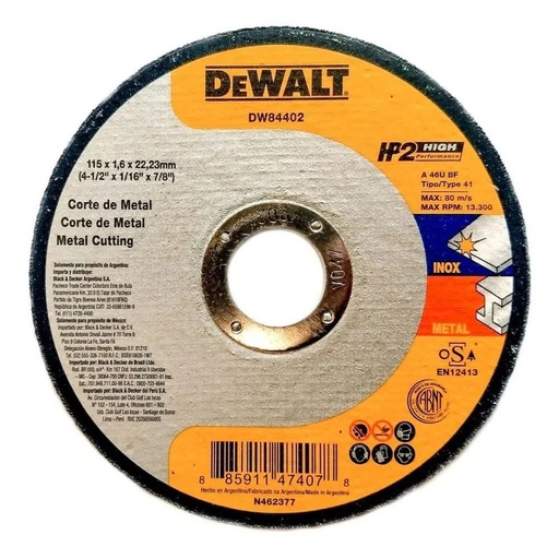 [DW84402] Disco Abrasivo Corte HP2 4-1/2" x 1/16" (1.6 mm) Dewalt