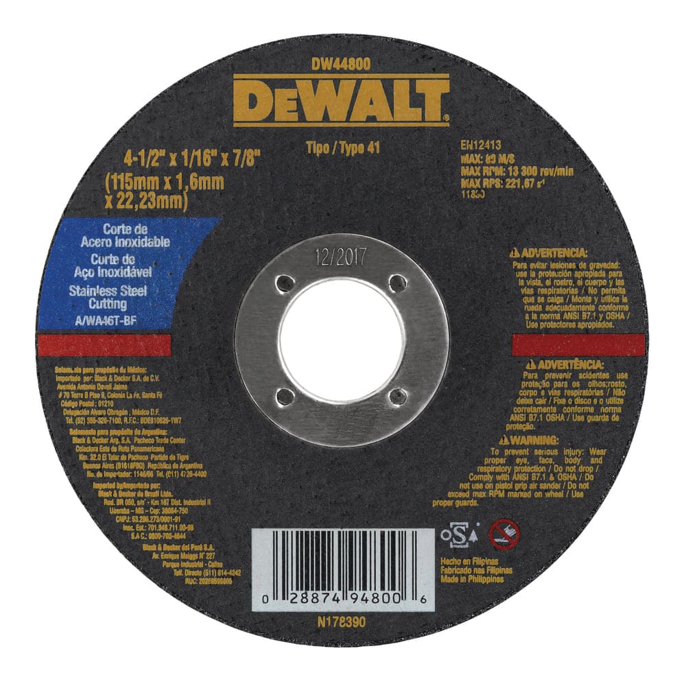 [DW44800] Disco Abrasivo Corte Inox 4-1/2" x 1/16" (1.6 mm) Dewalt