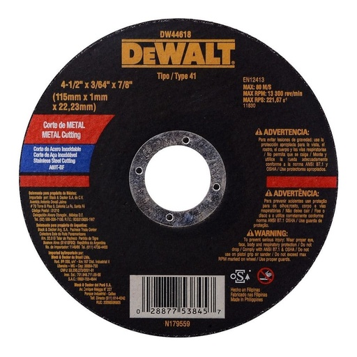 [DW44618] Disco Abrasivo Corte Inox 4-1/2" x 3/64" (1 mm) Dewalt