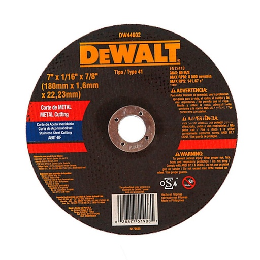 [DW44602] Disco Abrasivo Corte Inox 7" x 1/16" (1.6 mm) Dewalt