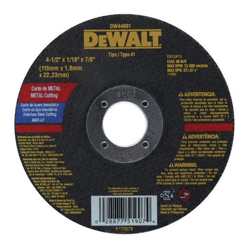 [DW44601] Disco Abrasivo Corte Metal 4-1/2" x 1/16" (1.6 mm) Dewalt