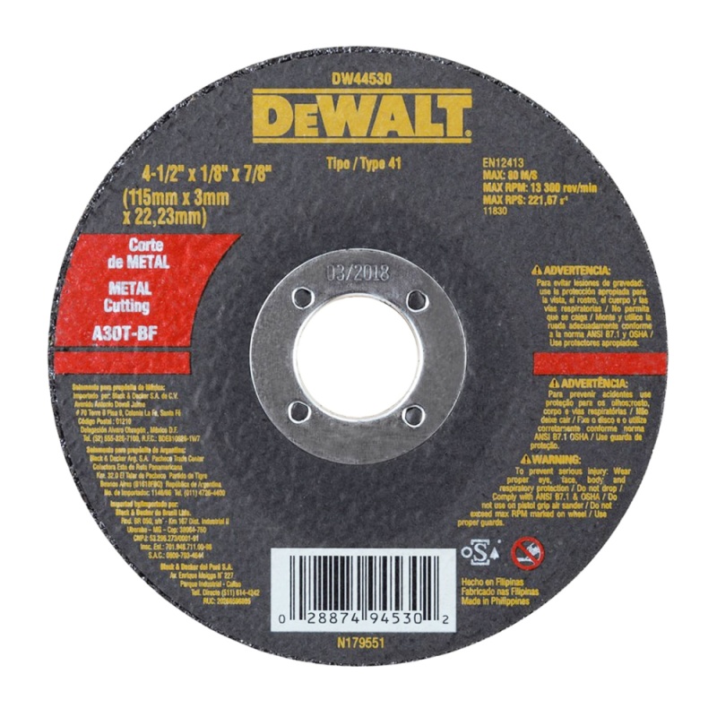 [DW44530] Disco Abrasivo Corte Metal 4-1/2" x 1/8" (3.2 mm) Dewalt