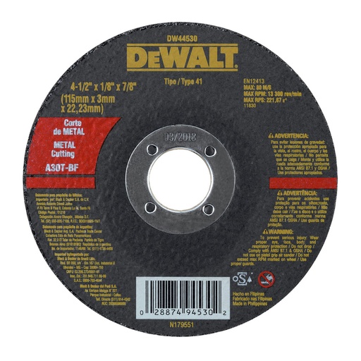 [DW44530] Disco Abrasivo Corte Metal 4-1/2" x 1/8" (3.2 mm) Dewalt