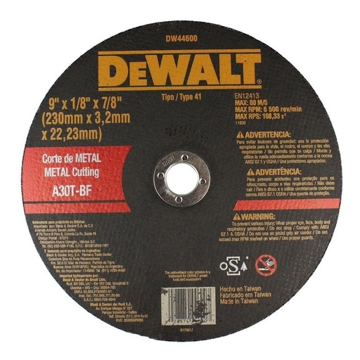 [DW44600] Disco Abrasivo Corte Metal 9" x 1/8" (3.2mm) Dewalt