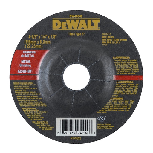 [DW44540] Disco Abrasivo Desbaste 4-1/2" x 1/4" (6 mm) Dewalt