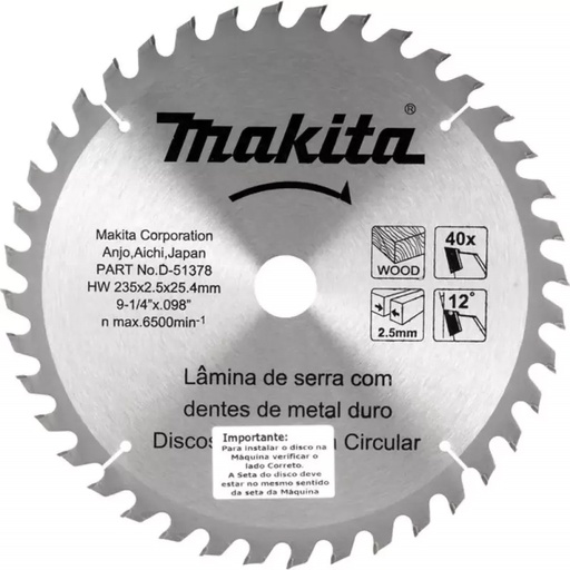 [D-51378] Disco De Sierra P/ Madera (9-1/4"X1") (235X25.4Mm.) 40D Makita