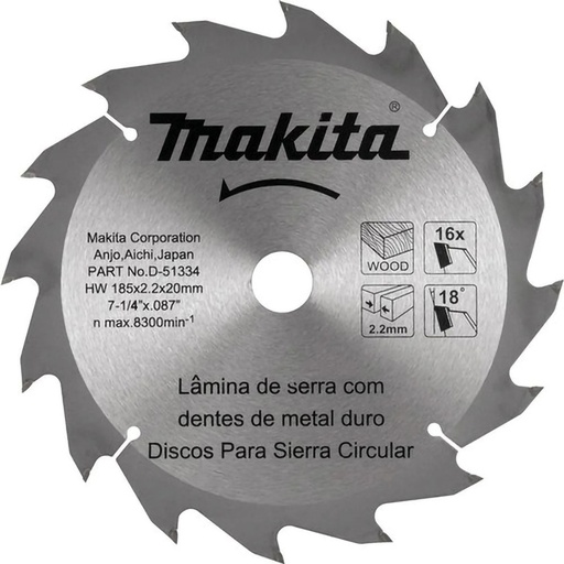 [D-51334] Disco De Sierra Para Madera 185Mmx20Mm 16D Makita