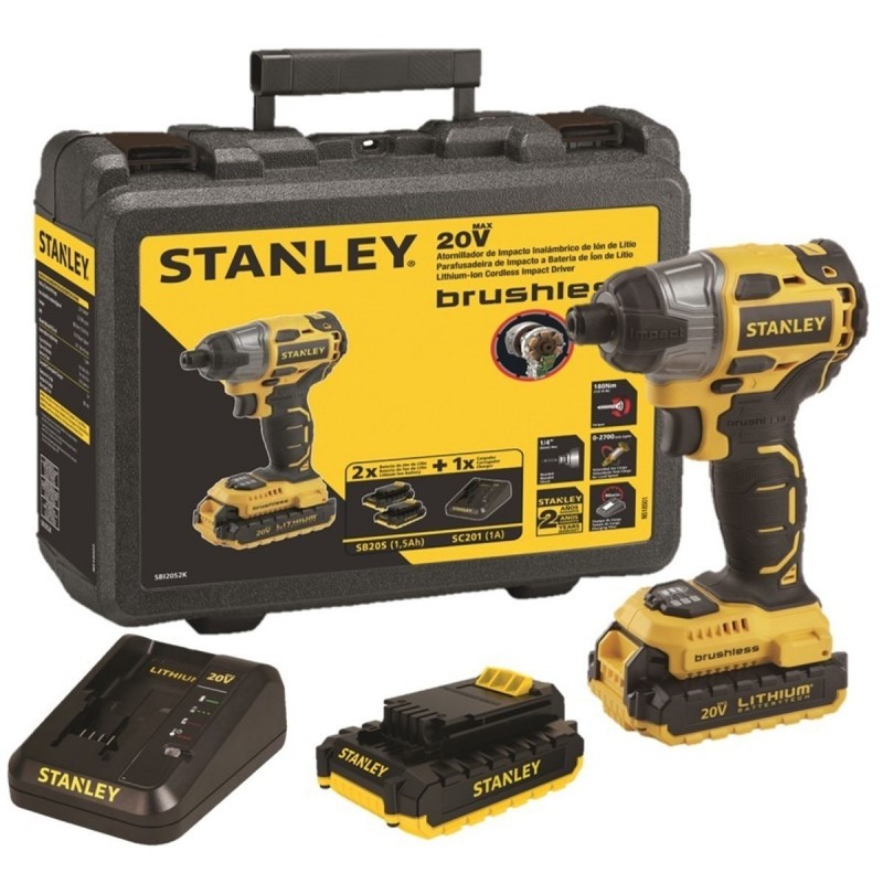 [SBI20S2K-BR] Atornillador de Impacto 1/4" Inalámbrico Brushless 20V (Inc. 2 Bat. de 1.5 Ah) Stanley
