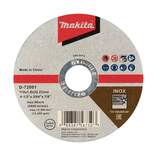 [D-72001] Disco Abrasivo Corte Inox 4.5" X 1.0Mm.(Wa46R) ** Makita