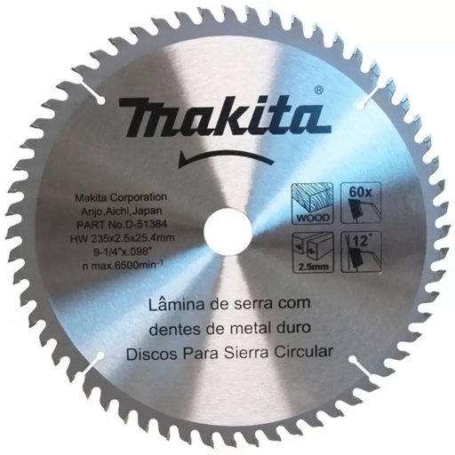 [D-51384] Disco Sierra Para Madera 9-1/4" X 30.0 X 2.50Mm. 60 Dientes (Reductor 25Mm-5/8") Makita