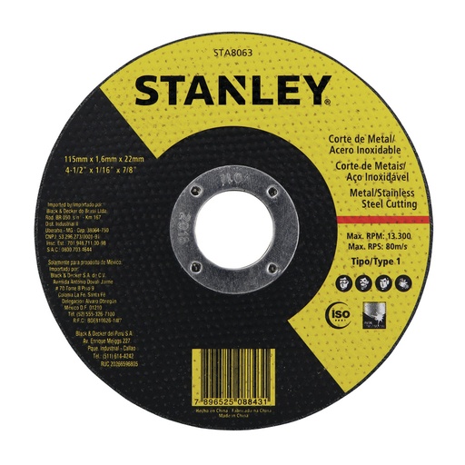 [STA8063] Disco Abrasivo Corte 4-1/2" x 1.6mm x 7/8" Metal Cutting (Inox) Stanley