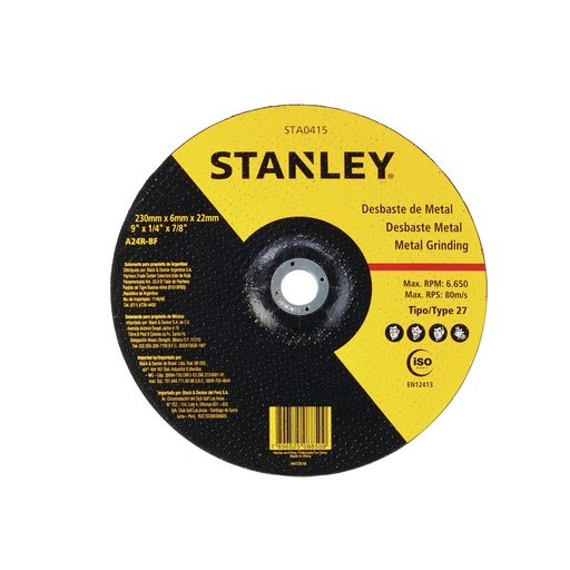 [STA0415] Disco Abrasivo Desbaste 9" x 1/4" x 7/8" Metal Grinding Stanley