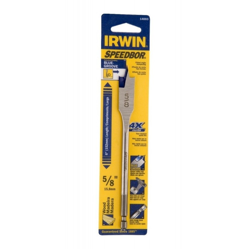 [IW14003] Brocas Planas Madera Speedbor Bluegroove, Standard (6") Drill Bit 5/8" Tarjeta Individual Irwin