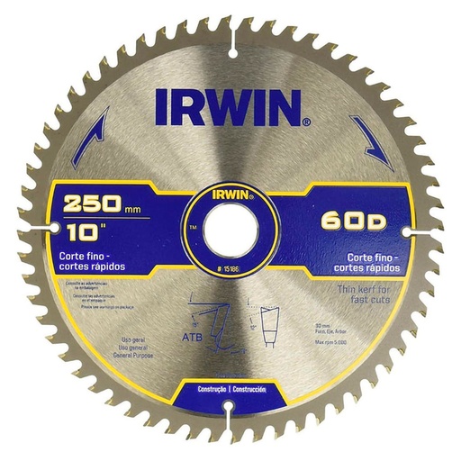 [15186] Disco Sierra Circular / Inglete 10" x 60T, 30 mm Irwin