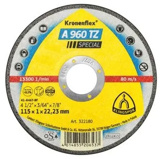 [322180] Disco Abrasivo Corte 4-1/2" * (3/64") 1mm Kt/Special/A960Tz/S/Ger/115X1X22,23 Plano Klingspor