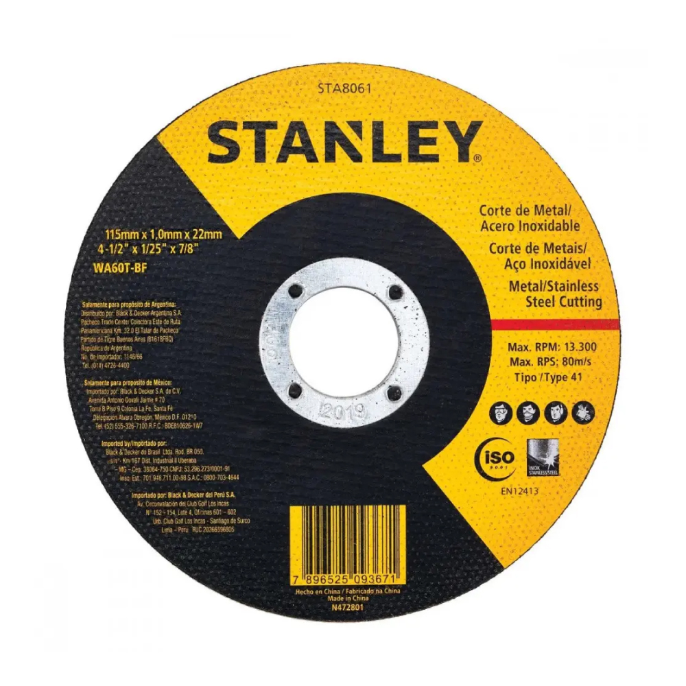 Disco de corte metal 4 1/2" x 1,0mm STA8061B Stanley