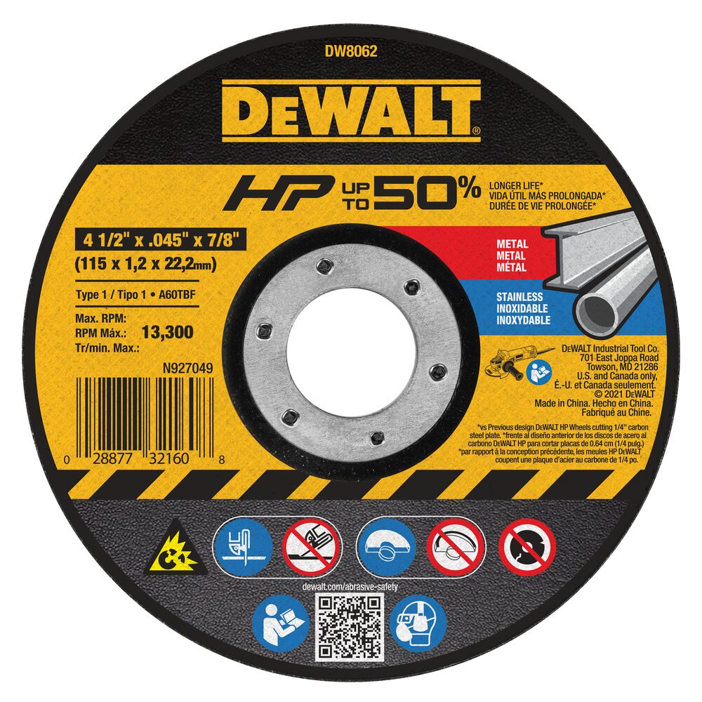 Disco Abrasivo Corte HP 4-1/2" x 5/64" (1.2mm) Dewalt (E)