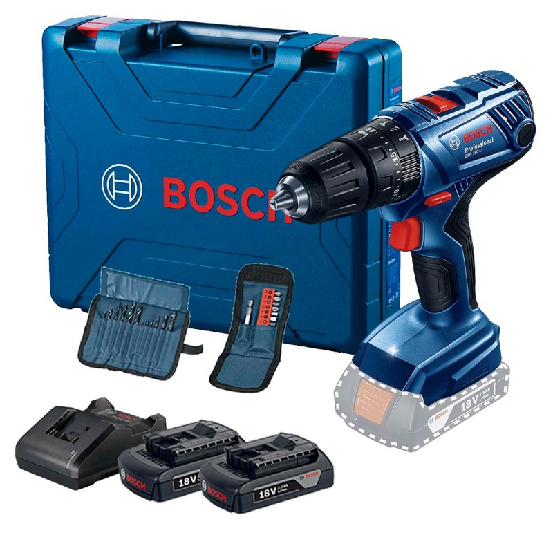 Taladro Percutor 1/2" 18V GSB 180-LI + 2 Bat 1.5Ah + Cargador + Set 23 Piezas Bosch