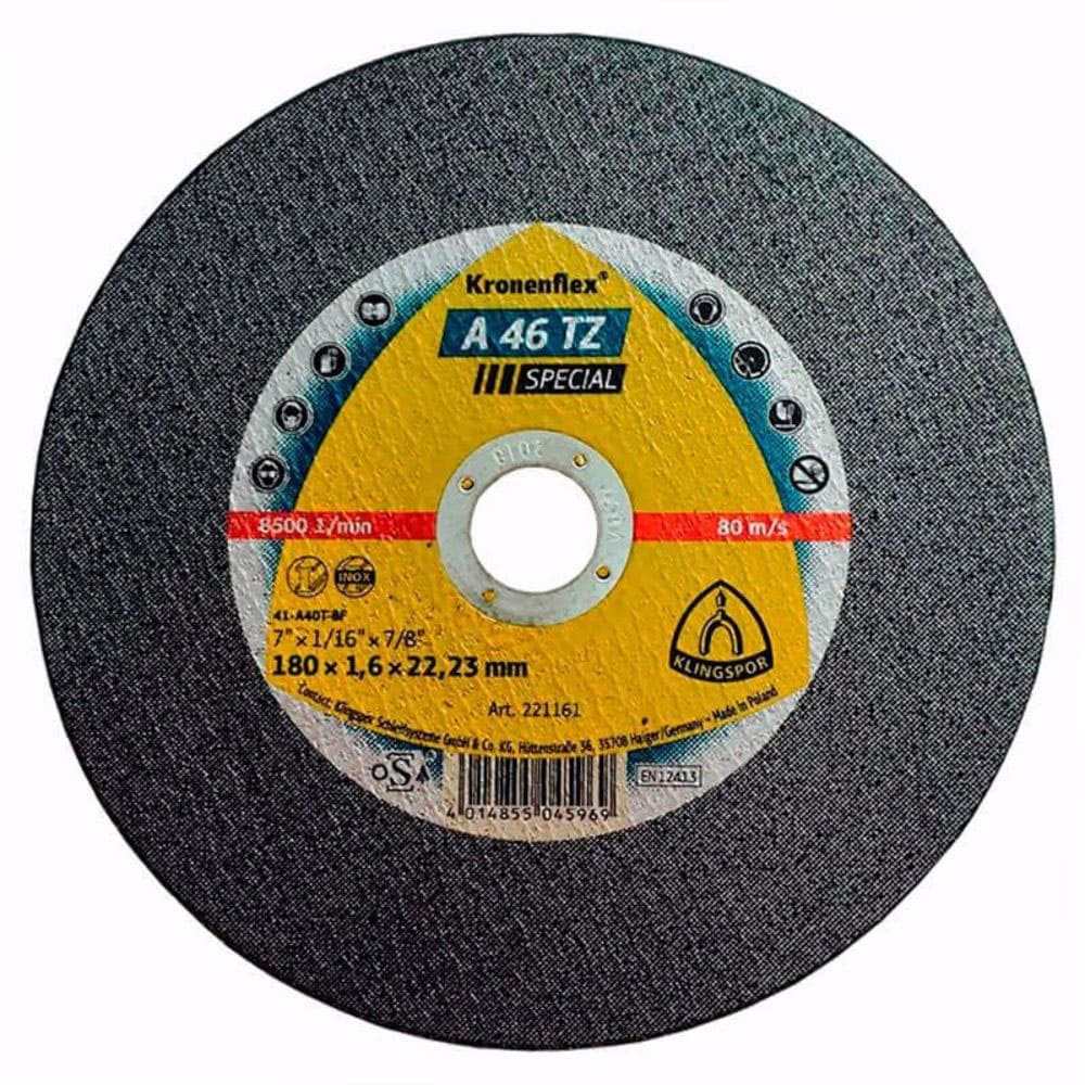 Disco Abrasivo Corte 7" (180 mm) * 1/16" (1.6mm) Kt/Special/A46Tz/S/Ger/180X1,6X22,23 Plano Klingspor