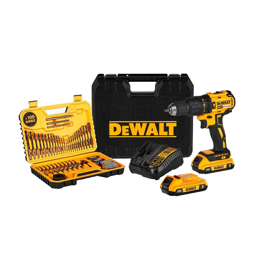 Taladro percutor inalámbrico+ cargador+ 2 baterías +caja plástica  + Set 100pz Dewalt