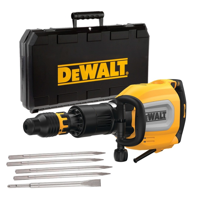 Kit Martillo Demoledor Desquinchador SDS Max 11Kg. 1700W 27J Sin Carbones + 4 Cinceles Agudos DWA0805 + 1 Cincel Plano DWA0807 + Caja Plastica Dewalt