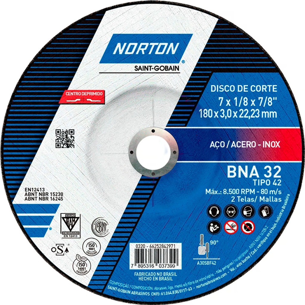 Disco Abrasivo Corte Metal 9" x 1/8" (3.2mm) x 7/8" BNA32 Norton