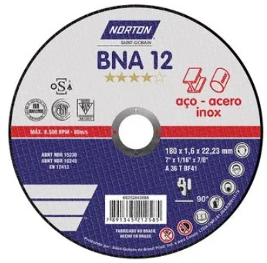 [66252846559] Disco Abrasivo Corte Metal Fino 7" (180 mm) x 1/16" (1.6mm) x 7/8" BNA12 Norton