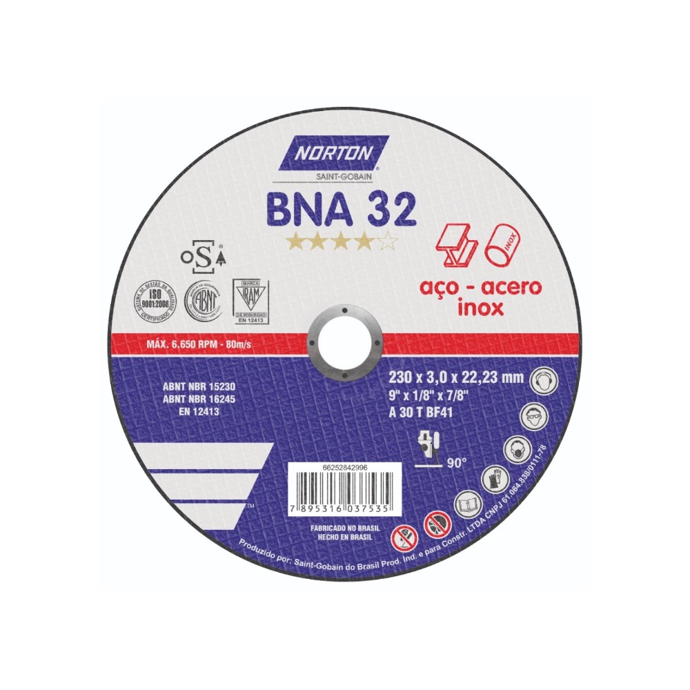 [66252842970] Disco Abrasivo Corte Metal 7" (180 mm) x 1/8" (3.2mm) x 7/8" BNA32 Norton