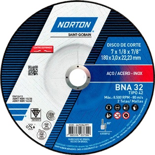 Disco Abrasivo Corte Metal 9" x 1/8" (3.2mm) x 7/8" BNA32 Norton