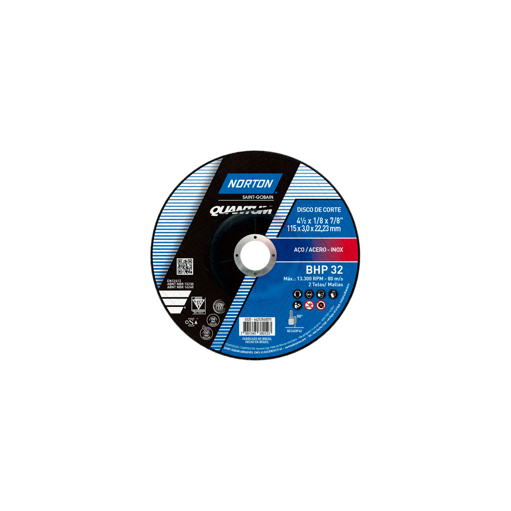 [66252845070] Disco Corte Metal 4" 1/2" x 1/8 x 7/8 Inox T42 BHP32 Quantum Norton