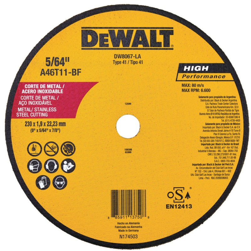[DW8067-LA] Disco Abrasivo Corte HP 9" x 5/64" (2mm) Dewalt