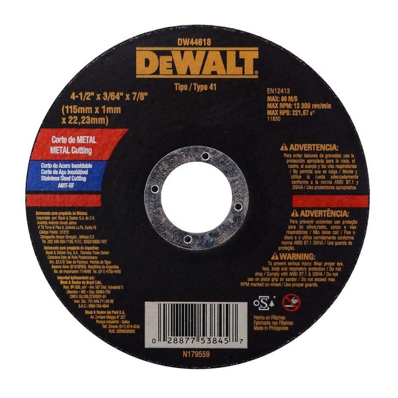 [DW44618] Disco Abrasivo Corte Inox 4-1/2" x 3/64" (1 mm) Dewalt