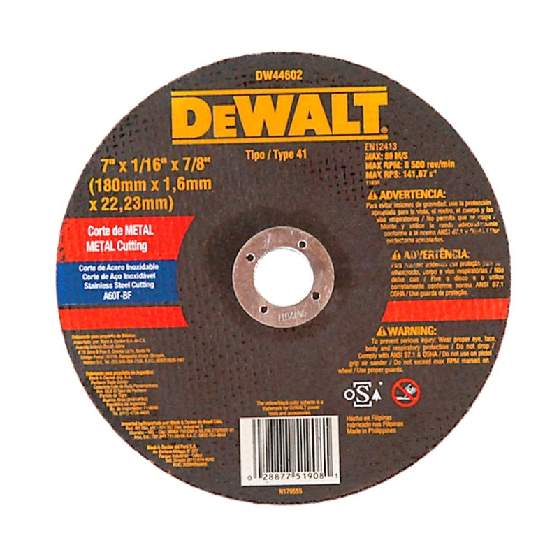 [DW44602] Disco Abrasivo Corte Metal/Inox 7" (180 mm) x 1/16" (1.6 mm) Dewalt