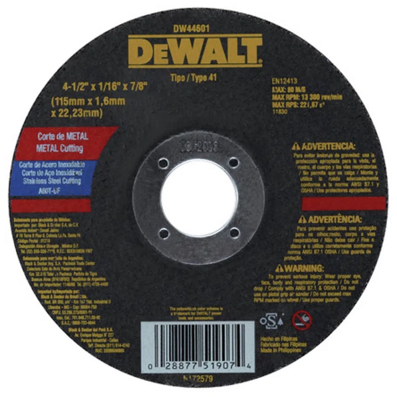 [DW44601] Disco Abrasivo Corte Metal 4-1/2" x 1/16" (1.6 mm) Dewalt