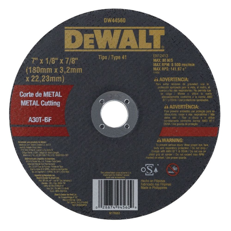 [DW44560] Disco Abrasivo Corte Metal 7" (180 mm) x 1/8" (3.2 mm) Dewalt