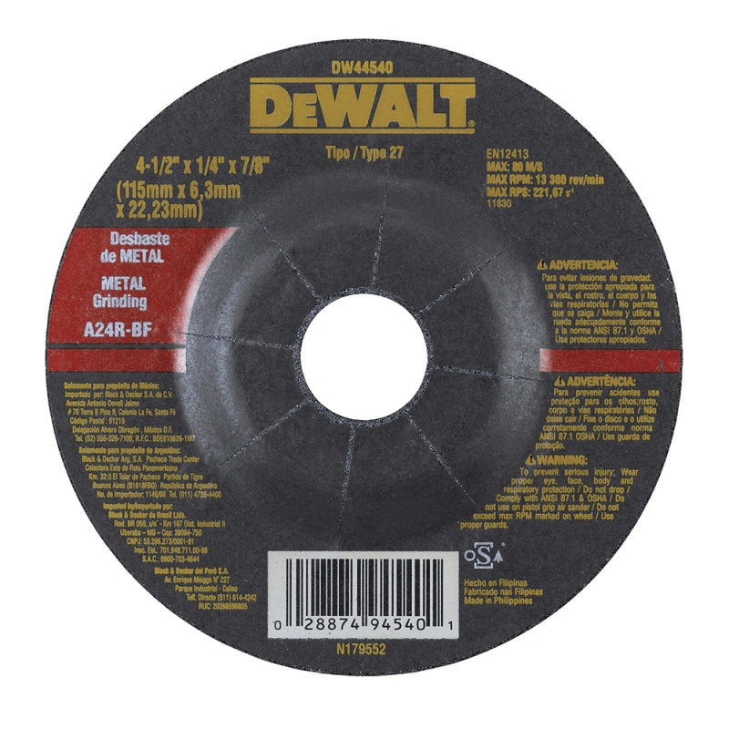 [DW44540] Disco Abrasivo Desbaste 4-1/2" x 1/4" (6 mm) Dewalt