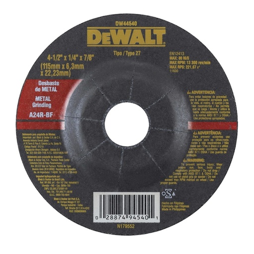[DW44540] Disco Abrasivo Desbaste 4-1/2" x 1/4" (6 mm) Dewalt