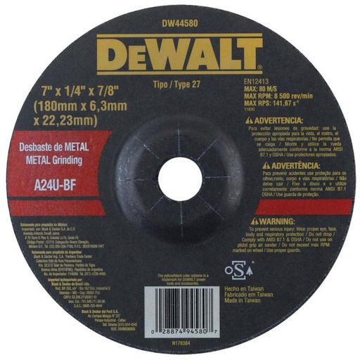 [DW44580] Disco Abrasivo Desbaste 7" (180 mm) x 1/4" (6 mm) Dewalt