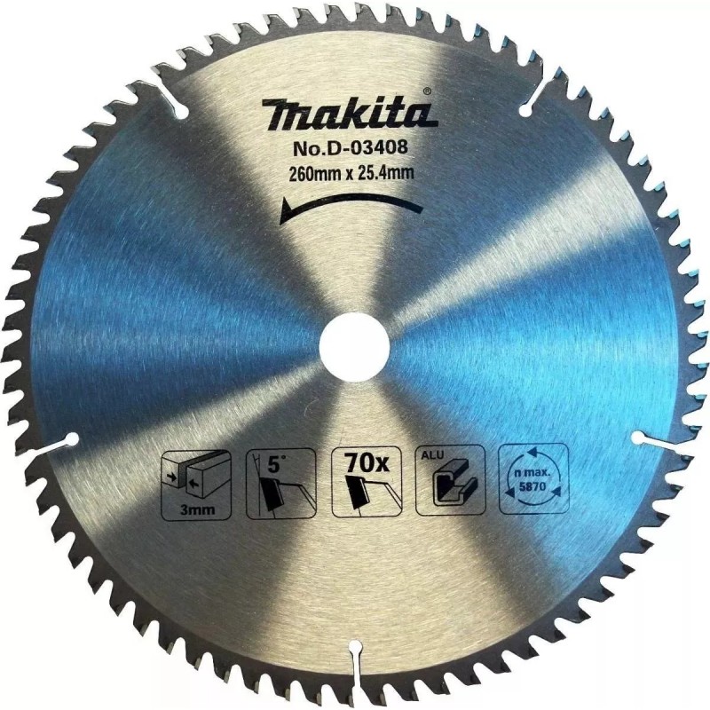 [D-03408] Disco Sierra Para Aluminio Tct (10-15/64" X 1") (260X25.4 Mm.) 70 Dientes Makita