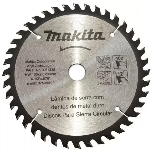 [D-51328] Makita Disco Sierra 6-1/2" X 40 Dientes Madera, Eje 2