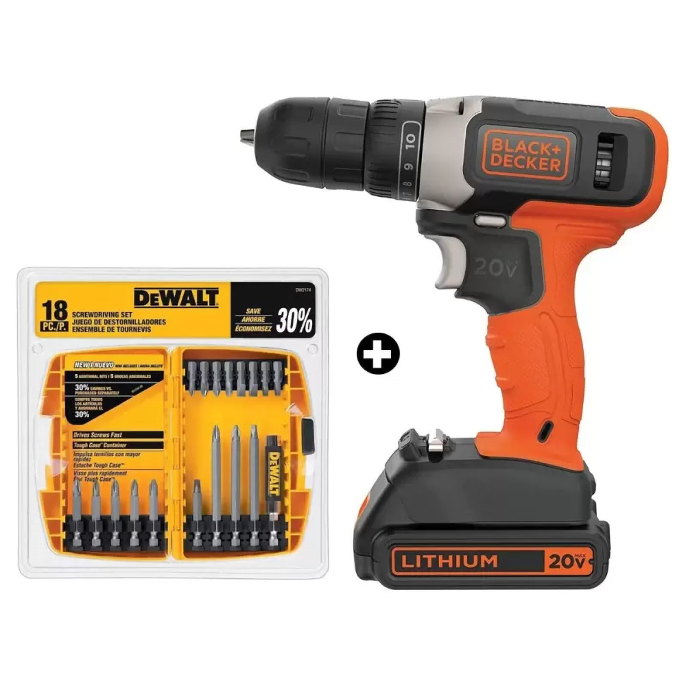 [BCD702C1-K1] Kit Taladro Atornillador 3/8" 20V + Set de 18 piezas DW2174 Black & Decker B&D
