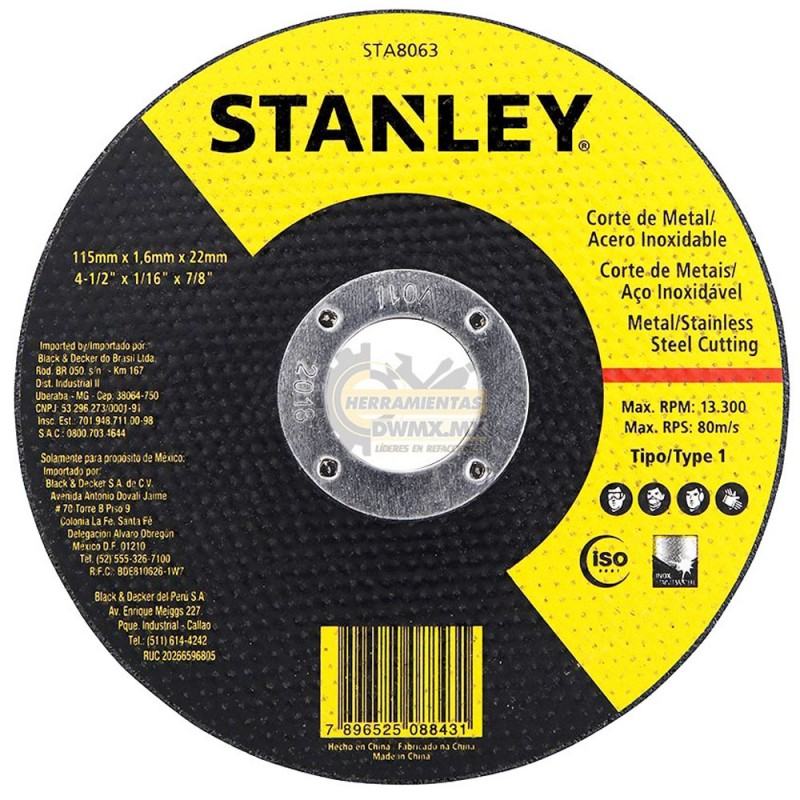 [STA8063] Disco Abrasivo Corte 4-1/2" x 1.6mm x 7/8" Metal Cutting (Inox) Stanley